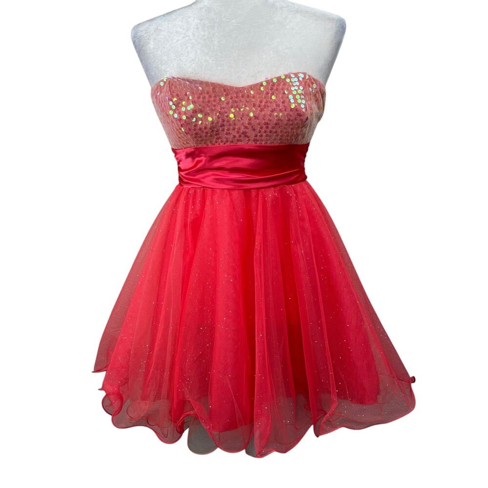 Speechless Hot Pink Sequin Tulle Strapless Mini Dress Y2K Bow Back JR 5 Women XS